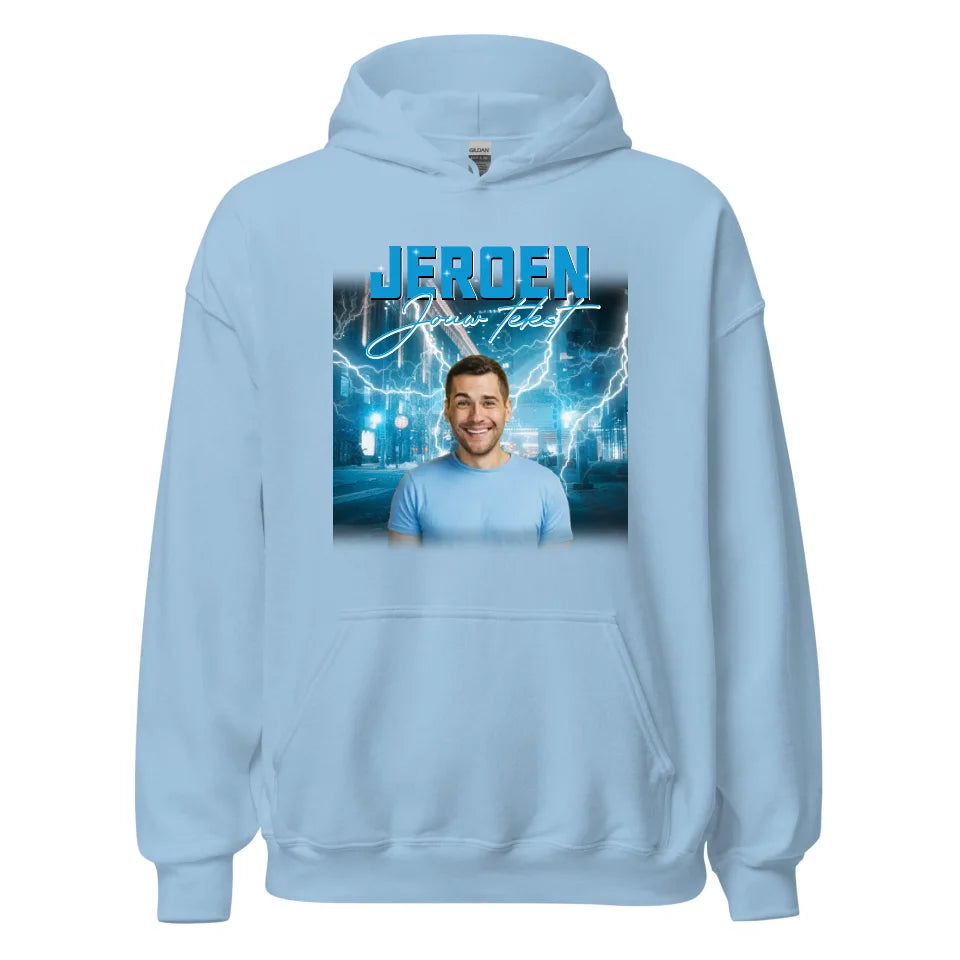 Retro hoodie met eigen foto en tekst - Iedereen Blij