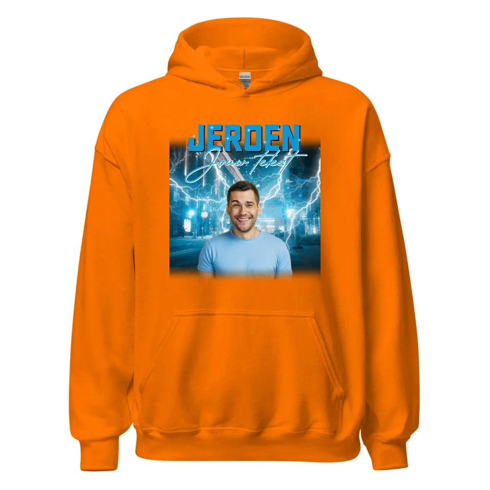 Retro hoodie met eigen foto en tekst - Iedereen Blij