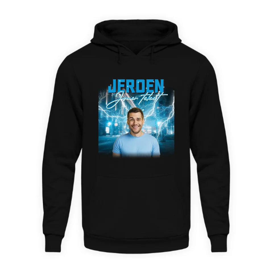 Retro hoodie met eigen foto en tekst - Iedereen Blij