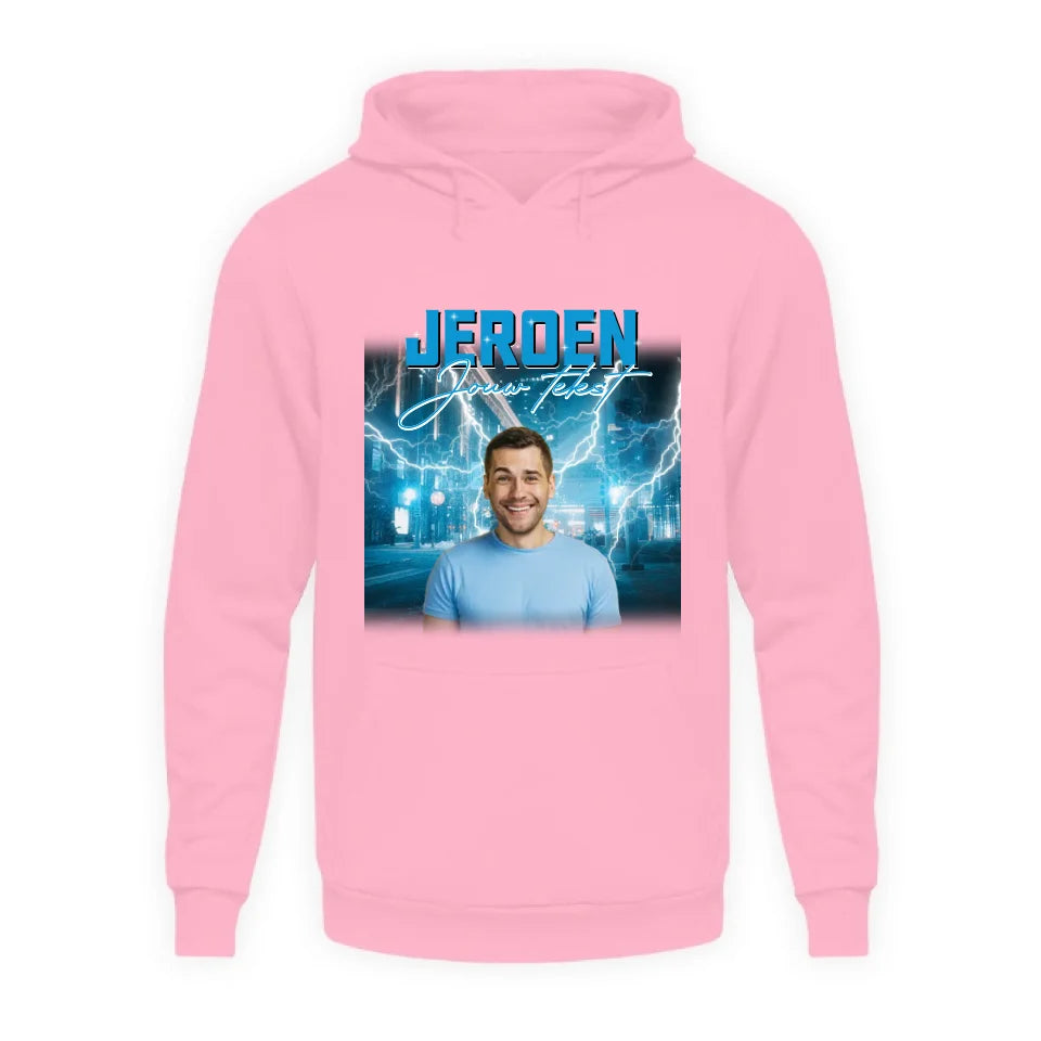 Retro hoodie met eigen foto en tekst - Iedereen Blij