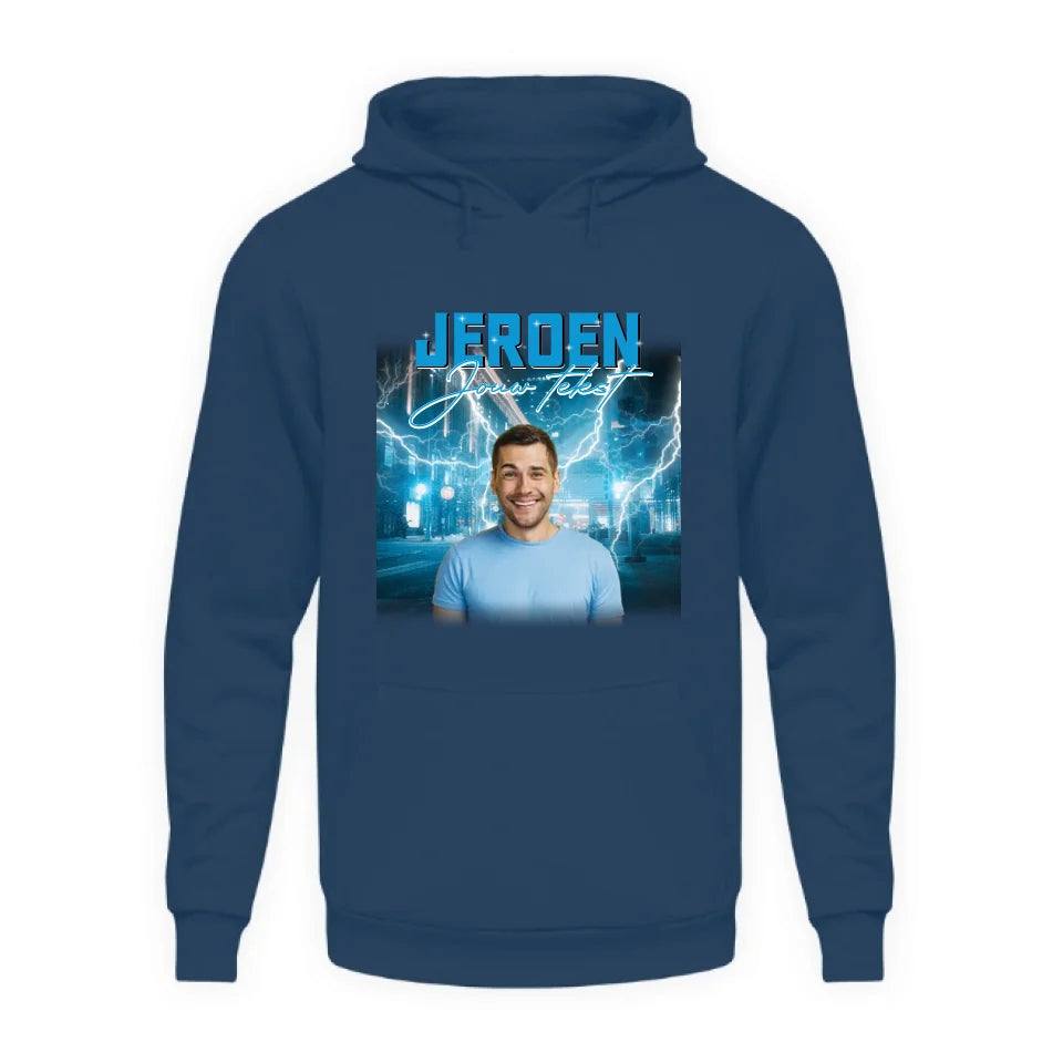 Retro hoodie met eigen foto en tekst - Iedereen Blij