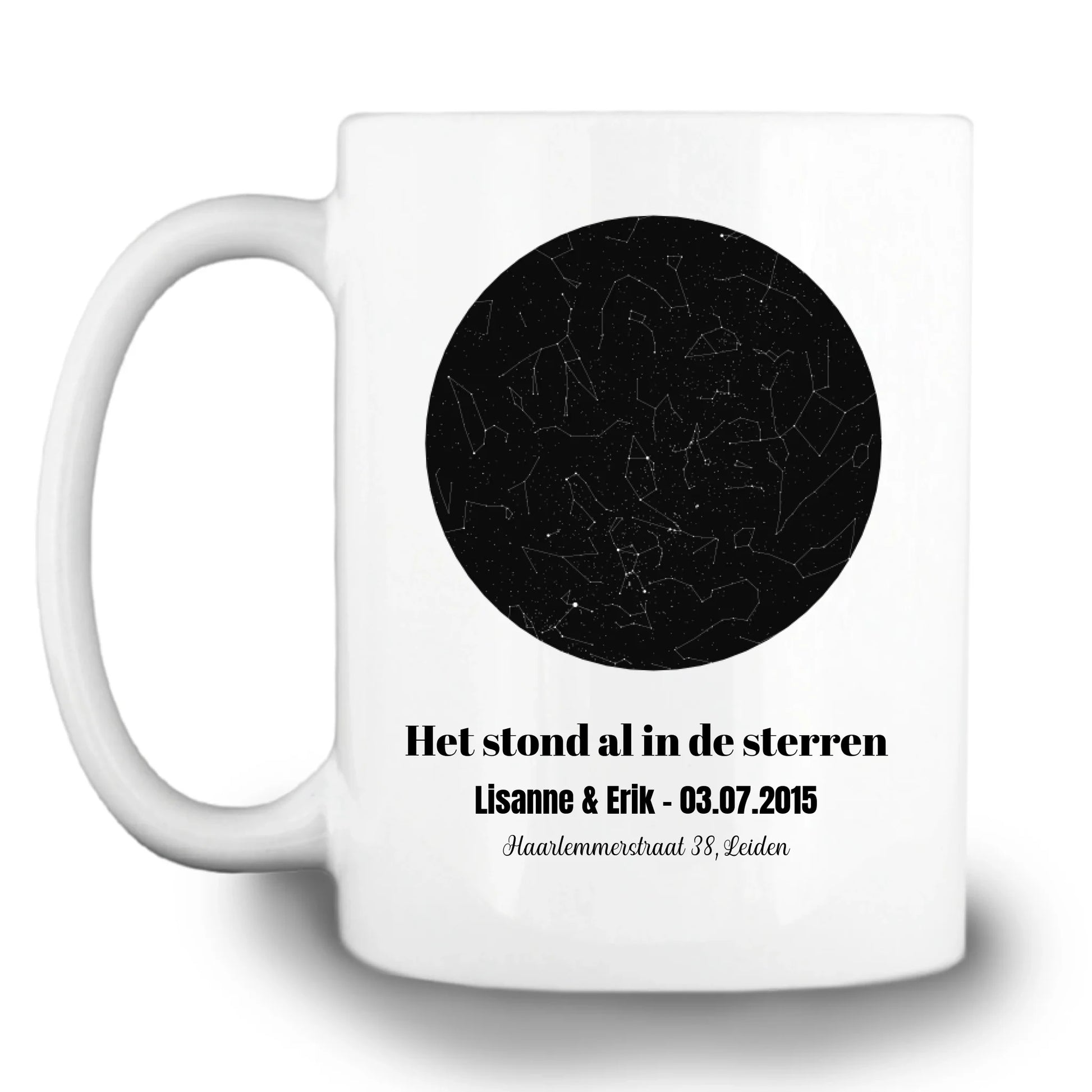 Gepersonaliseerde mok met sterrenhemel van datum, tijdstip en locatie - Iedereen Blij