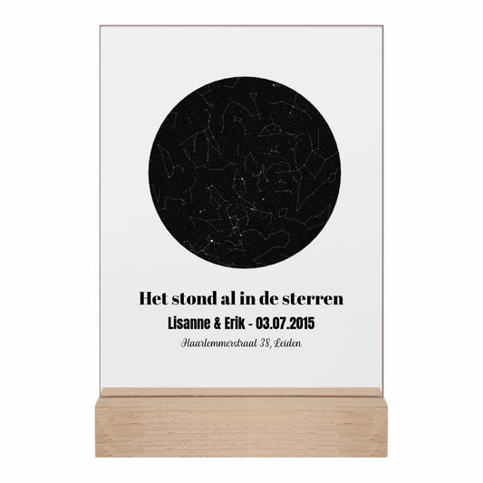 Gepersonaliseerd acrylglas met sterrenhemel van datum, tijdstip en locatie - Iedereen Blij