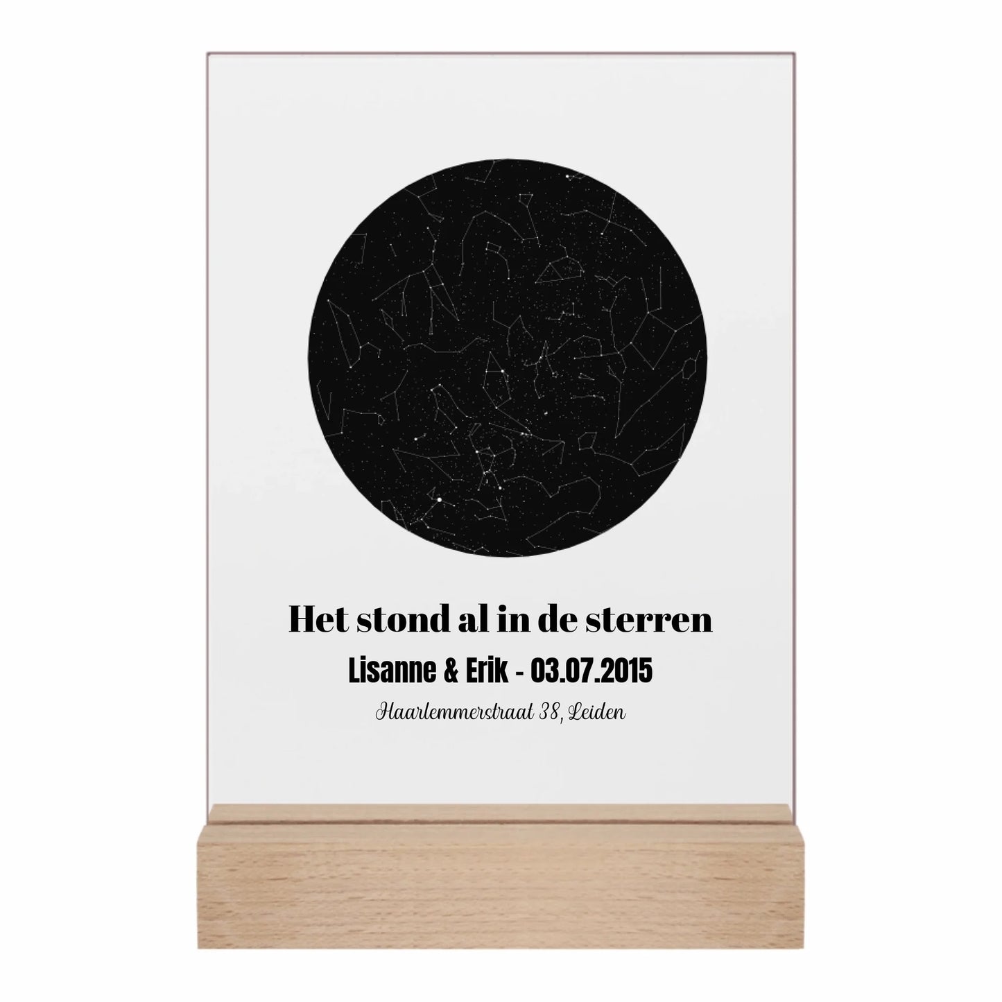 Gepersonaliseerd acrylglas met sterrenhemel van datum, tijdstip en locatie