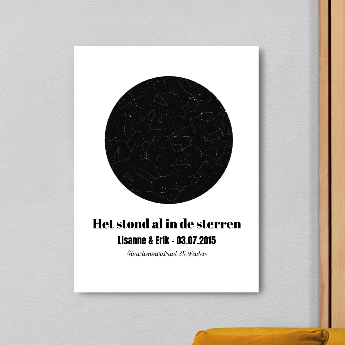 Gepersonaliseerd canvas met sterrenmap van locatie, datum en tijdstip