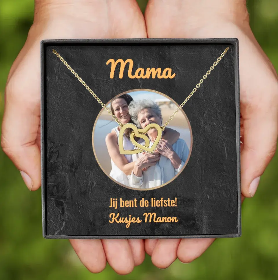 "Mama, jij bent de liefste" | Ketting met 2 hartjes | Gepersonaliseerd doosje | Rose-goud en staal of 18K goud