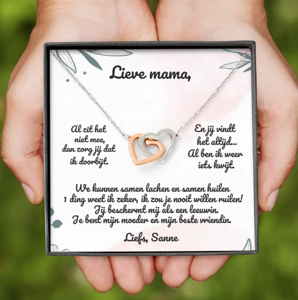 "Lieve mama" | Ketting met 2 hartjes | Gepersonaliseerd doosje | Rose-goud en staal of 18K goud