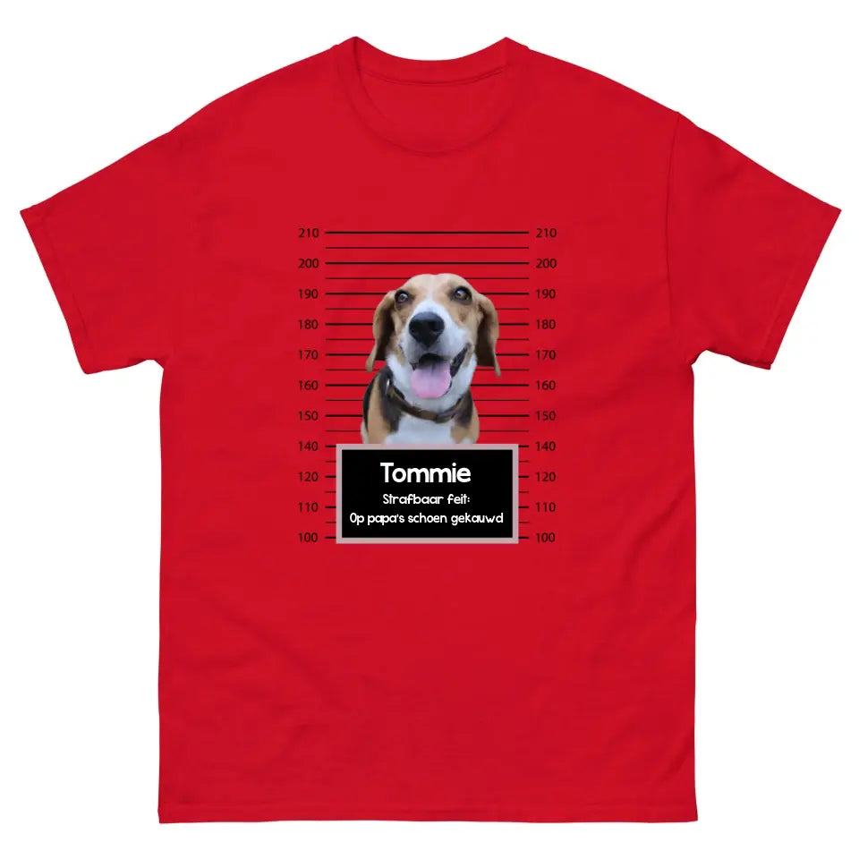 Gepersonaliseerd "mugshot" T-shirt - Boevenfoto van verdacht huisdier + strafbaar feit