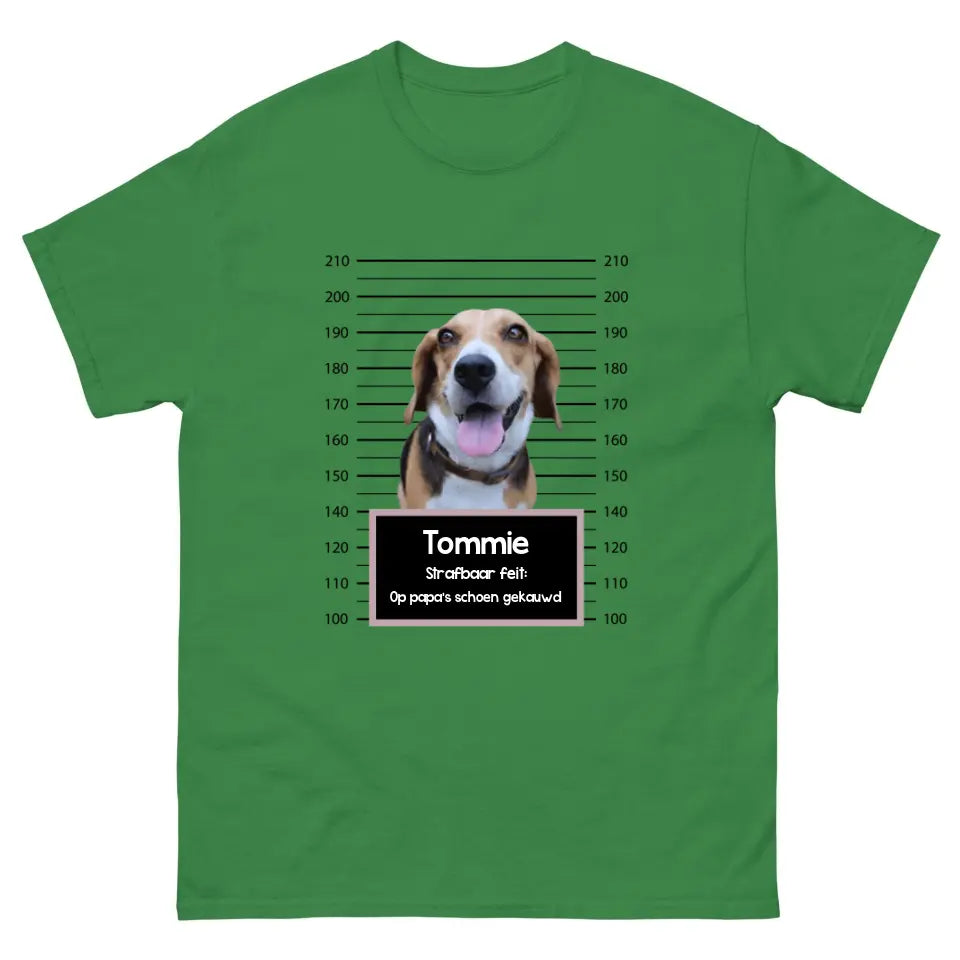 Gepersonaliseerd "mugshot" T-shirt - Boevenfoto van verdacht huisdier + strafbaar feit
