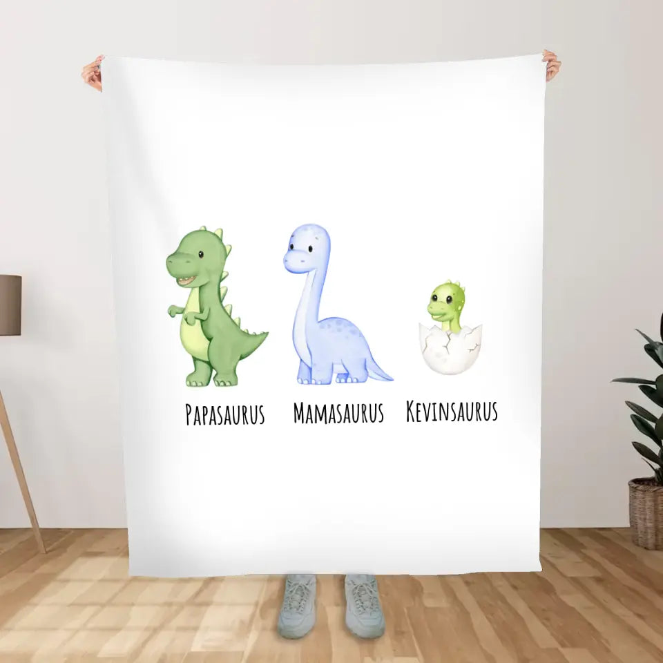 Gepersonaliseerde dinosaurus deken - Papasaurus/opasaurus, mamasaurus/omasaurus en (klein)kinderen