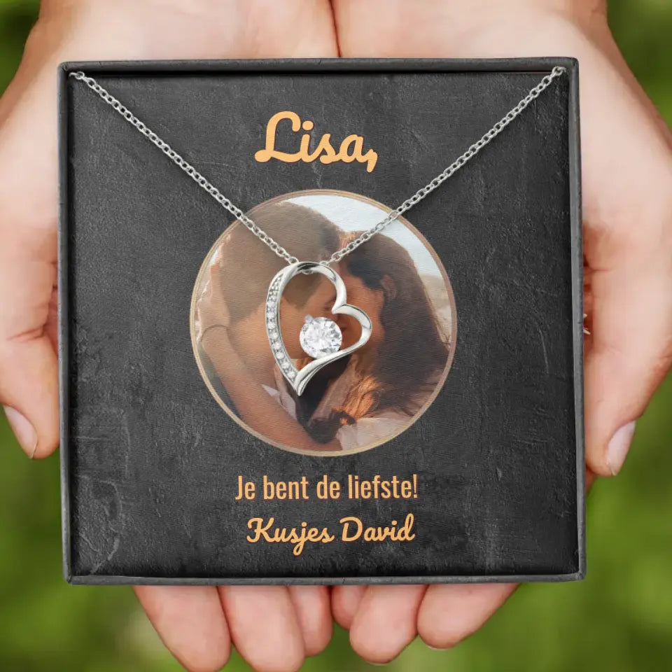 Hartjes ketting met gepersonaliseerd doosje | Voeg eigen foto en tekst toe | 14K witgoud of 18K goud