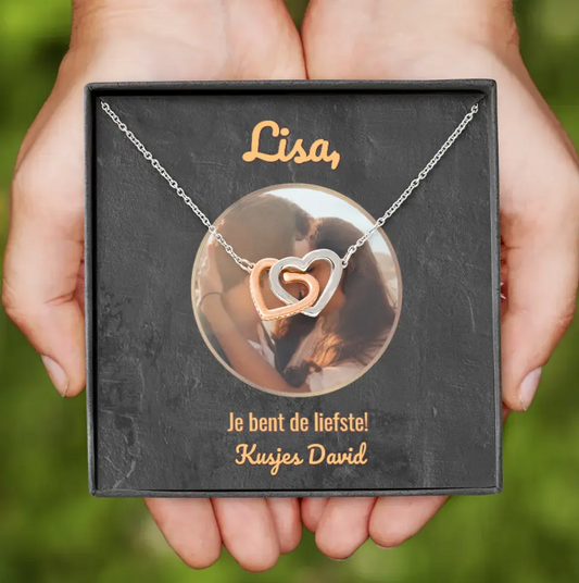 Ketting met 2 hartjes | Gepersonaliseerd doosje | Voeg eigen foto en tekst toe | Rose-goud en staal of 18K goud