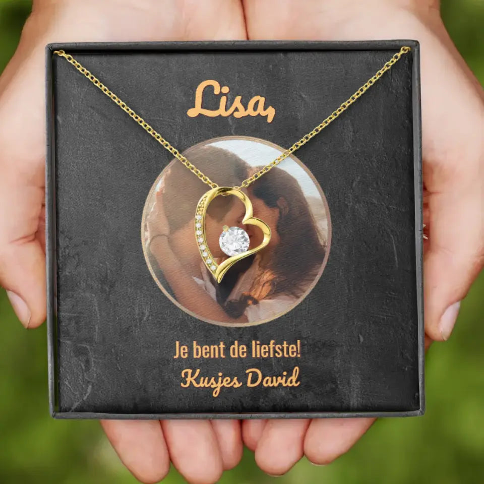 Hartjes ketting met gepersonaliseerd doosje | Voeg eigen foto en tekst toe | 14K witgoud of 18K goud