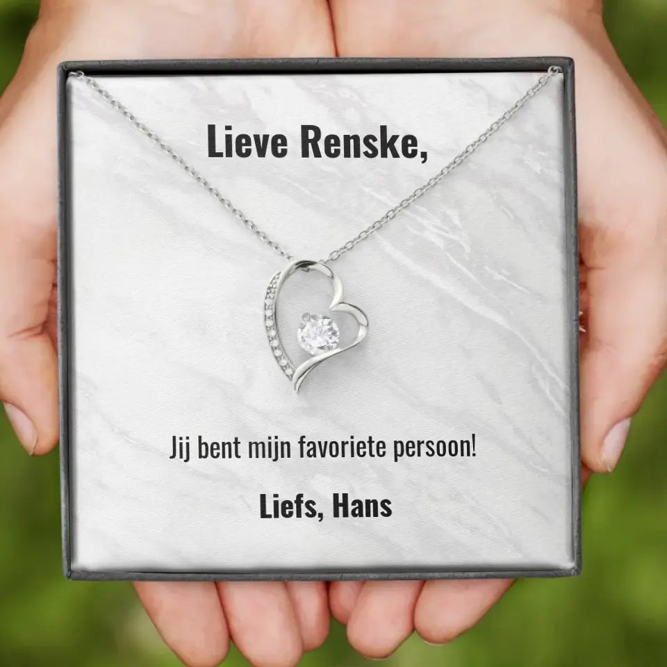 "Je bent mijn favoriete persoon" | Hartjes ketting met gepersonaliseerd doosje | Voeg eigen tekst toe | 14K witgoud of 18K goud