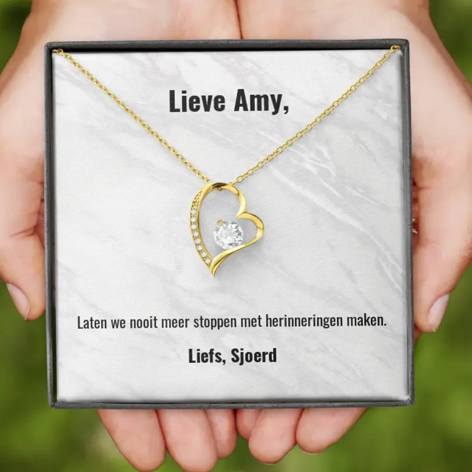 "Laten we nooit meer stoppen met herinneringen maken" | Hartjes ketting met gepersonaliseerd doosje | Voeg eigen tekst toe | 14K witgoud of 18K goud