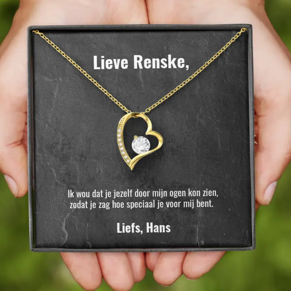 "Ik wou dat je jezelf door mijn ogen kon zien..." | Hartjes ketting met gepersonaliseerd doosje | Voeg eigen tekst toe | 14K witgoud of 18K goud