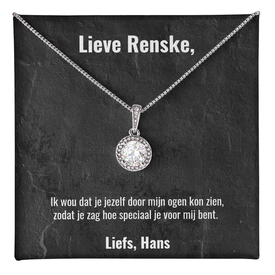 "Ik wou dat je jezelf door mijn ogen kon zien..." | Witgouden kristal ketting met gepersonaliseerd doosje | Voeg je eigen tekst toe | 14K witgoud - Iedereen Blij