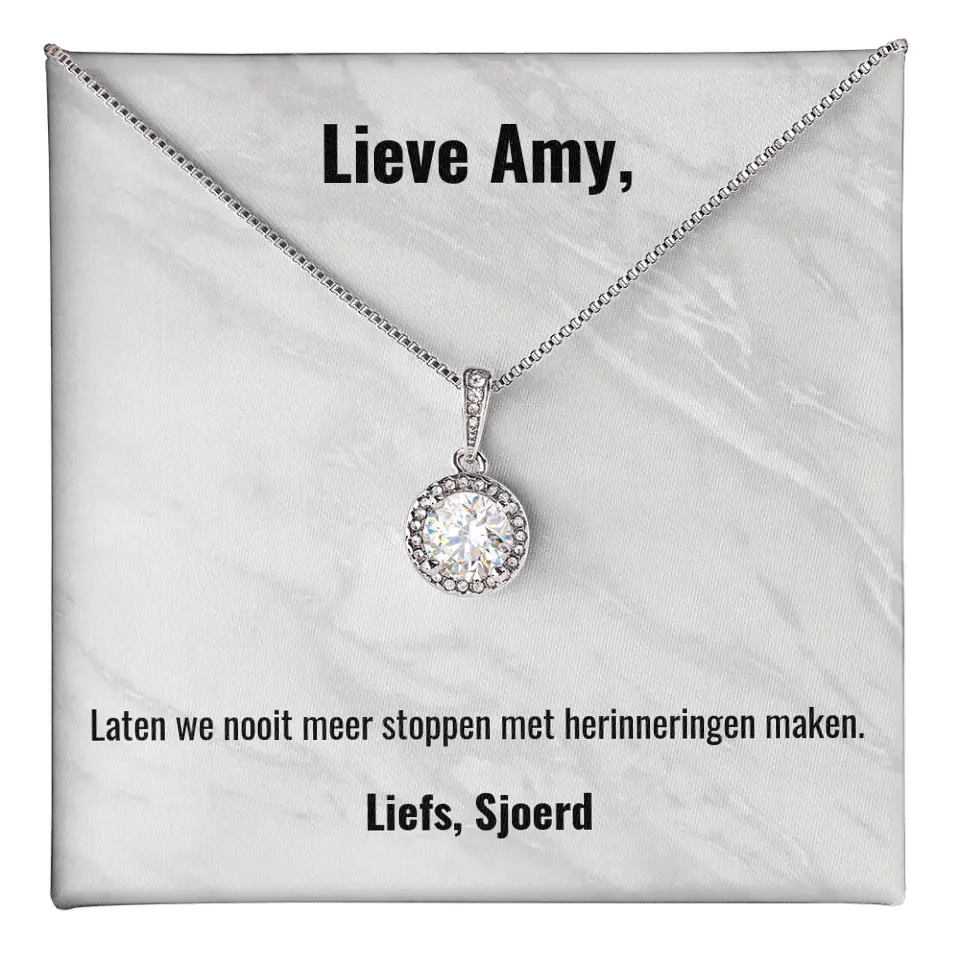 "Laten we nooit meer stoppen met herinneringen maken" | Witgouden kristal ketting met gepersonaliseerd doosje | Voeg je eigen tekst toe | 14K witgoud