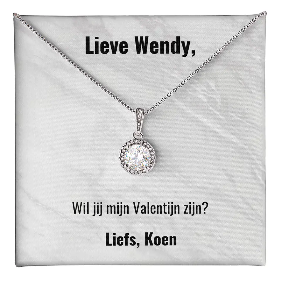 "Wil je mijn Valentijn zijn?" | Witgouden kristal ketting met gepersonaliseerd doosje | Voeg je eigen tekst toe | 14K witgoud