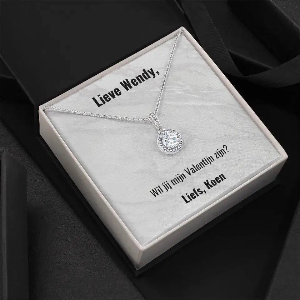 "Wil je mijn Valentijn zijn?" | Witgouden kristal ketting met gepersonaliseerd doosje | Voeg je eigen tekst toe | 14K witgoud - Iedereen Blij