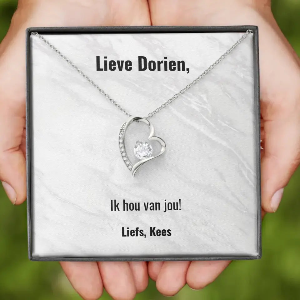 "Ik hou van jou" | Hartjes ketting met gepersonaliseerd doosje | Voeg eigen tekst toe | 14K witgoud of 18K goud