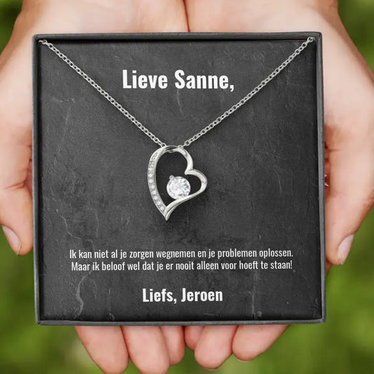 "Ik kan niet al je zorgen wegnemen..." | Hartjes ketting met gepersonaliseerd doosje | Voeg eigen tekst toe | 14K witgoud of 18K goud