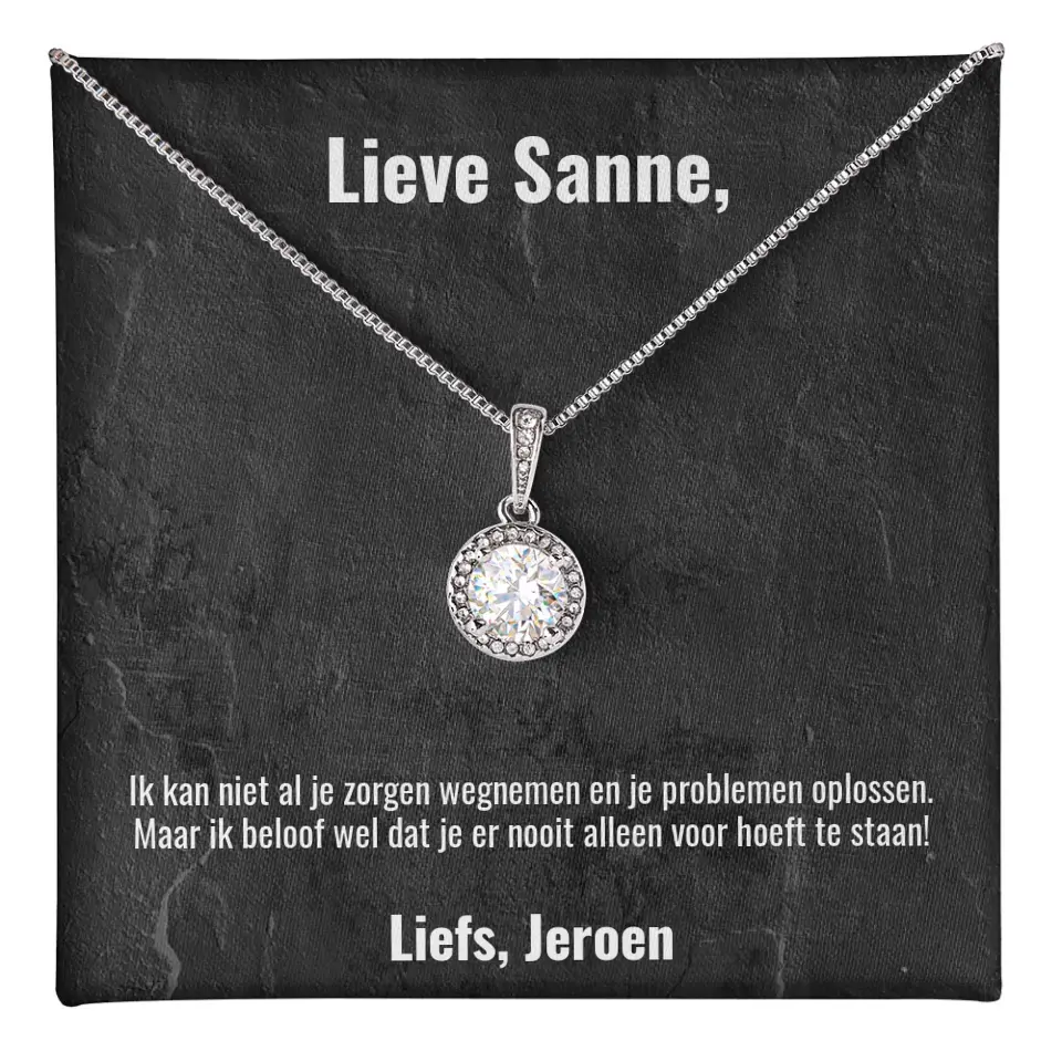 "Ik kan niet al je zorgen wegnemen..." | Witgouden kristal ketting met gepersonaliseerd doosje | Voeg eigen tekst toe | 14K witgoud