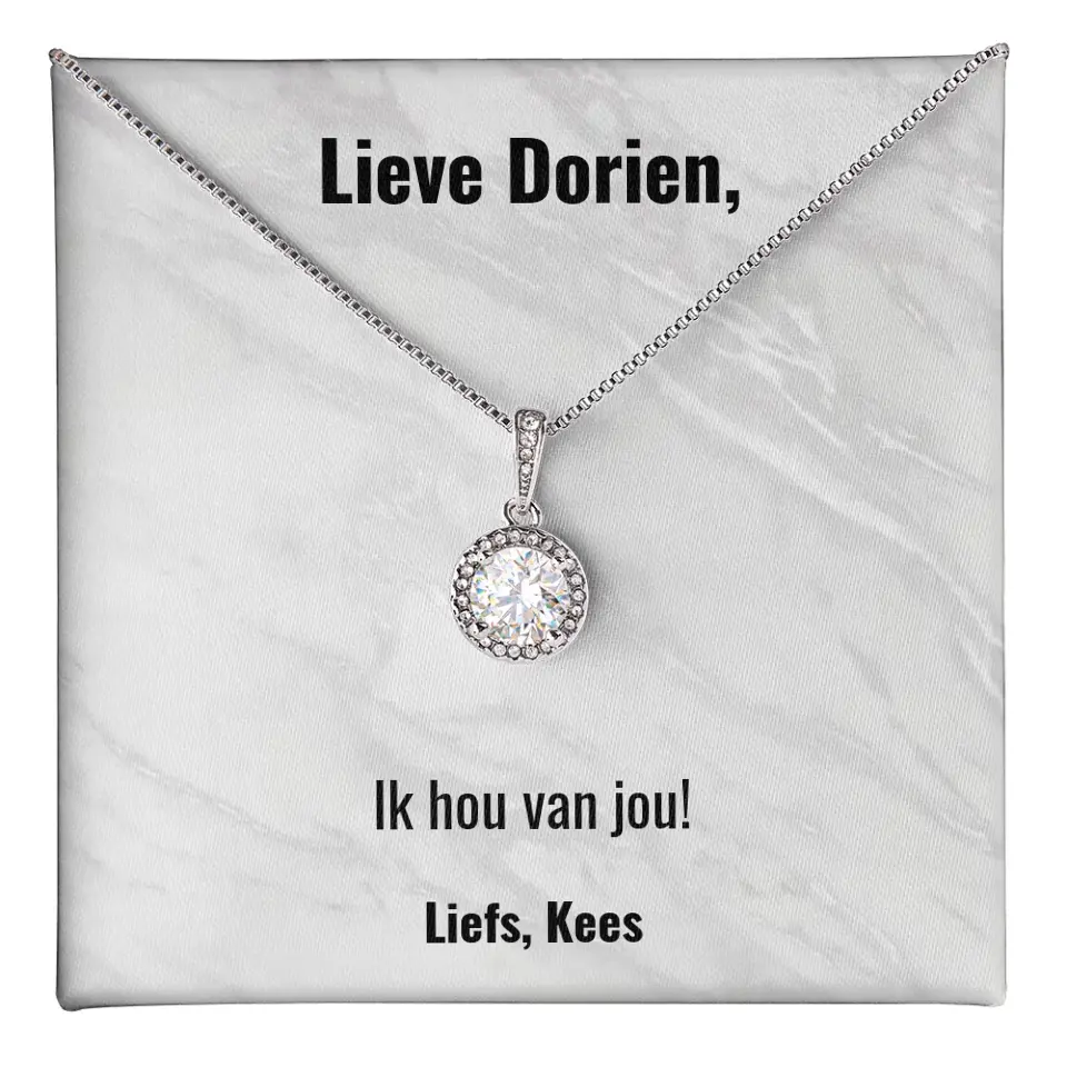 "Ik hou van jou" | Witgouden kristal ketting met gepersonaliseerd doosje | Voeg je eigen tekst toe | 14K witgoud