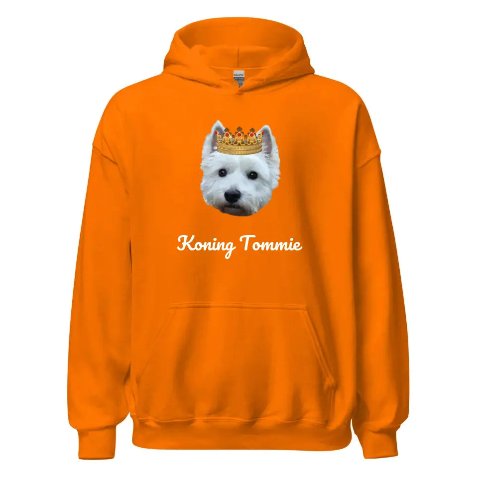 Koningsdag Gepersonaliseerde Oranje Hoodie - Huisdier uitgeknipt - Eigen foto met tekst - Iedereen Blij