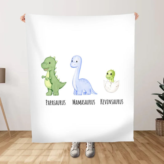 Gepersonaliseerde dinosaurus deken - Papasaurus/opasaurus, mamasaurus/omasaurus en (klein)kinderen