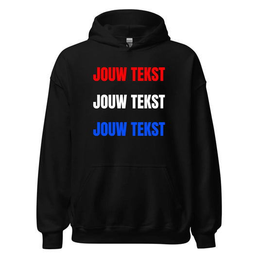 Koningsdag gepersonaliseerde zwarte hoodie - Jouw eigen tekst in rood wit blauw - Iedereen Blij