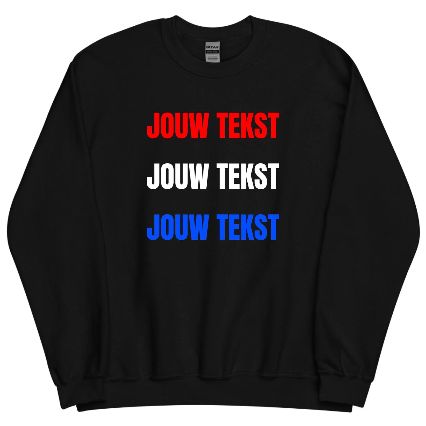 Koningsdag gepersonaliseerde zwarte trui - Jouw eigen tekst in rood wit blauw