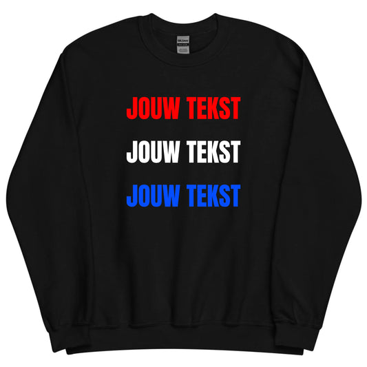 Koningsdag gepersonaliseerde zwarte trui - Jouw eigen tekst in rood wit blauw