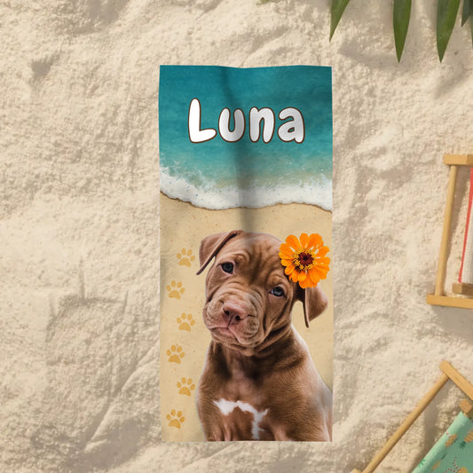 Gepersonaliseerde handdoek met foto en naam in zomerse stijl