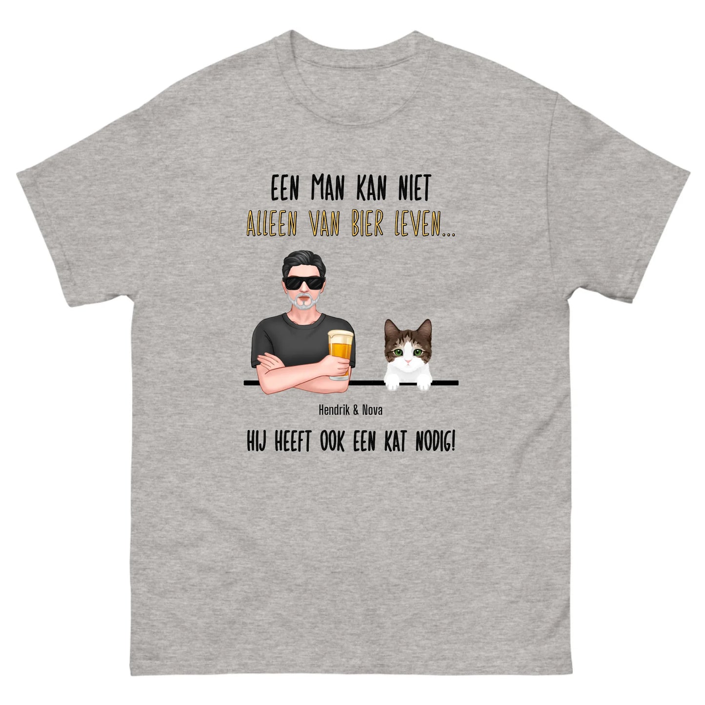 Gepersonaliseerd T-shirt - Een man kan niet alleen van bier leven, hij heeft ook een kat nodig