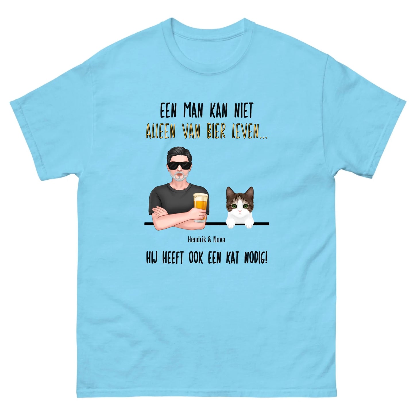 Gepersonaliseerd T-shirt - Een man kan niet alleen van bier leven, hij heeft ook een kat nodig