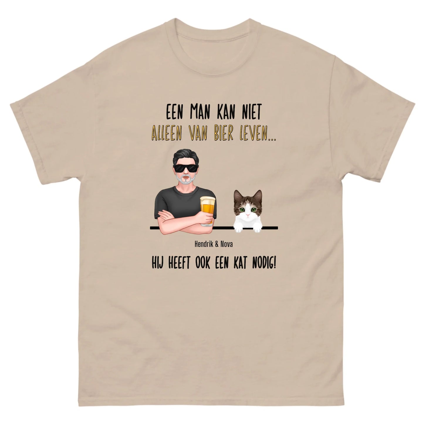 Gepersonaliseerd T-shirt - Een man kan niet alleen van bier leven, hij heeft ook een kat nodig