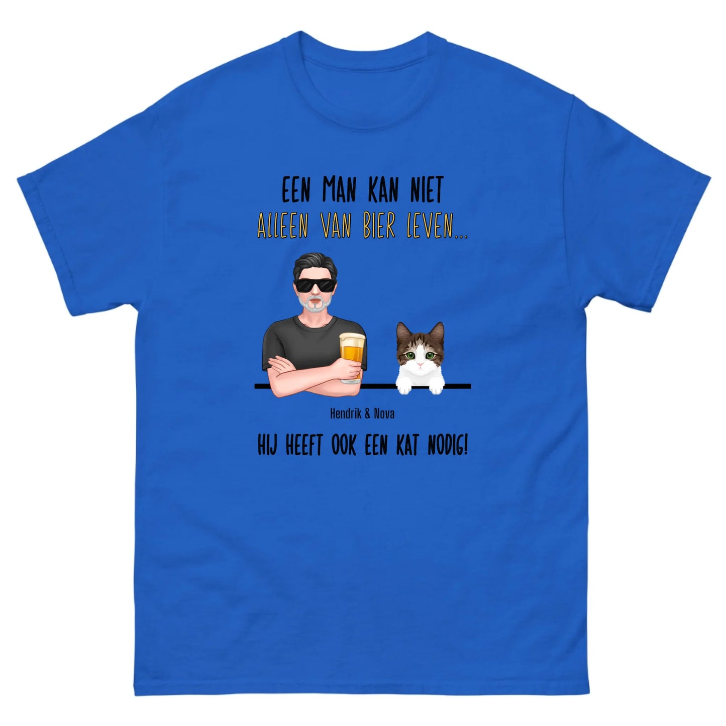 Gepersonaliseerd T-shirt - Een man kan niet alleen van bier leven, hij heeft ook een kat nodig