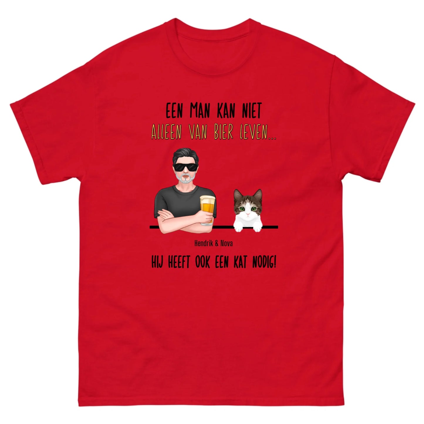 Gepersonaliseerd T-shirt - Een man kan niet alleen van bier leven, hij heeft ook een kat nodig