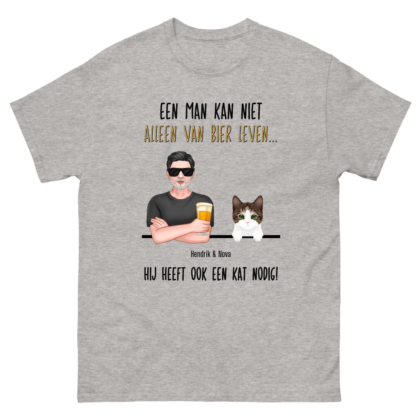 Gepersonaliseerd T-shirt - Een man kan niet alleen van bier leven, hij heeft ook een kat nodig