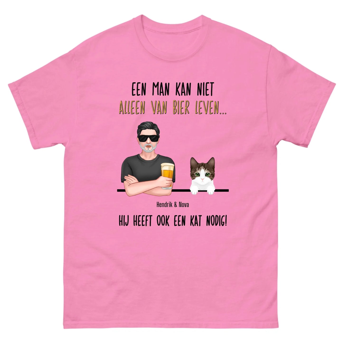 Gepersonaliseerd T-shirt - Een man kan niet alleen van bier leven, hij heeft ook een kat nodig