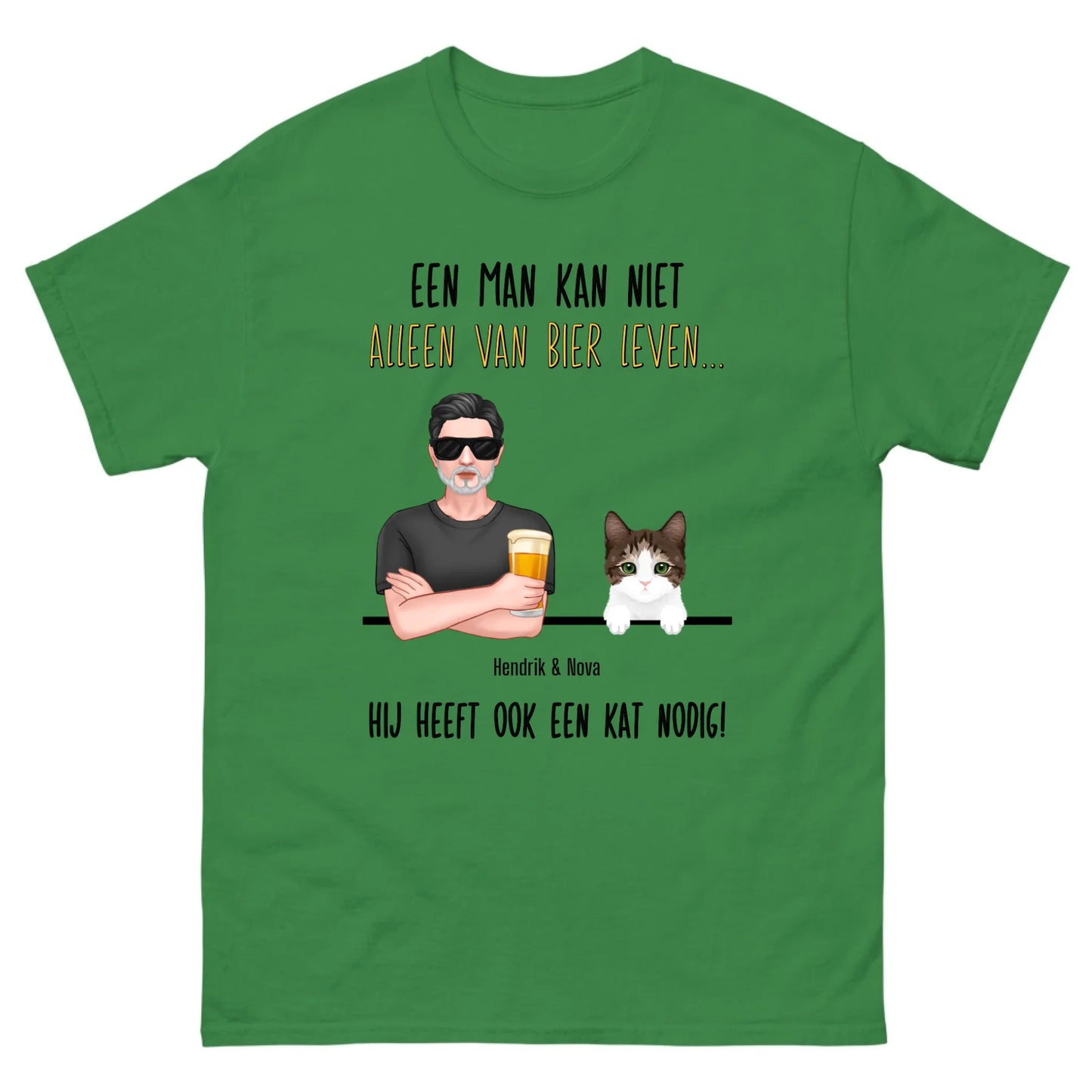 Gepersonaliseerd T-shirt - Een man kan niet alleen van bier leven, hij heeft ook een kat nodig