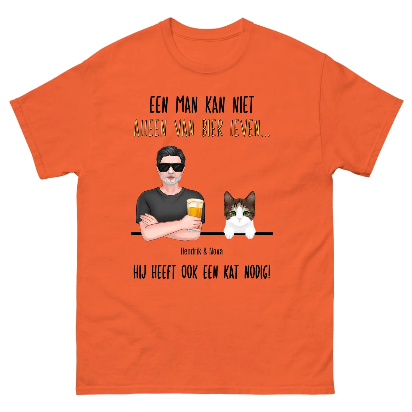 Gepersonaliseerd T-shirt - Een man kan niet alleen van bier leven, hij heeft ook een kat nodig